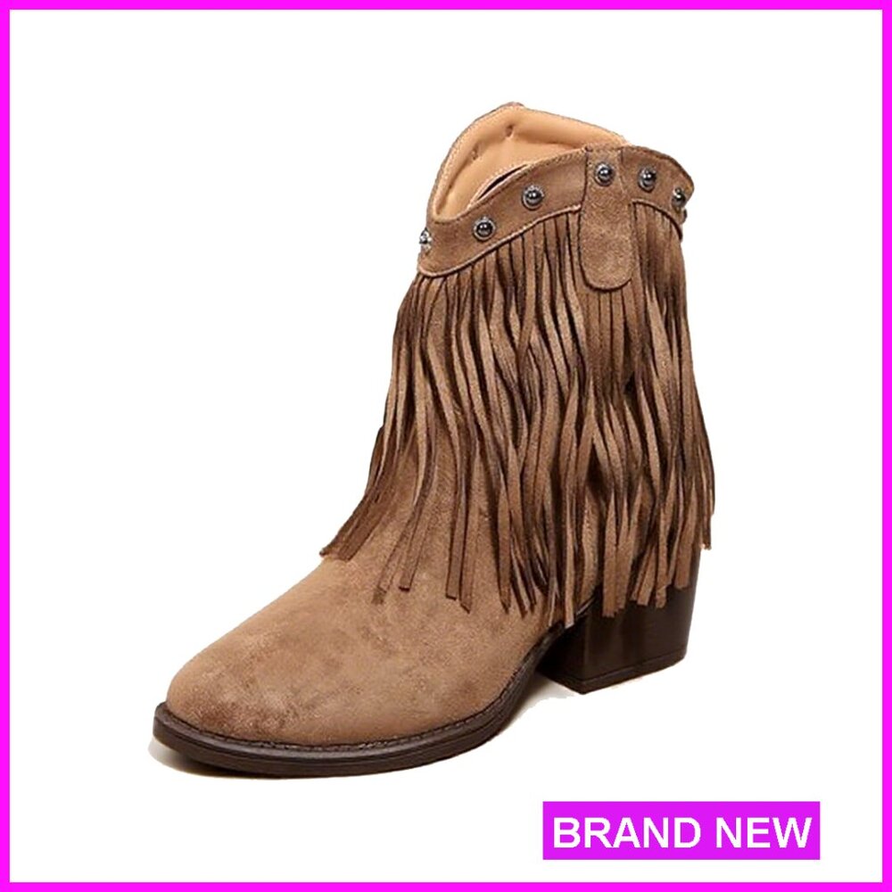 Suede Fringe Western Ankle Boots Retro Studded Pointed Toe Pull-On Chunky Heel